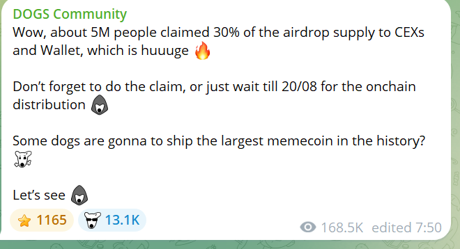 DOGS：目前已有約 500 萬名用戶申領 30% 的空投