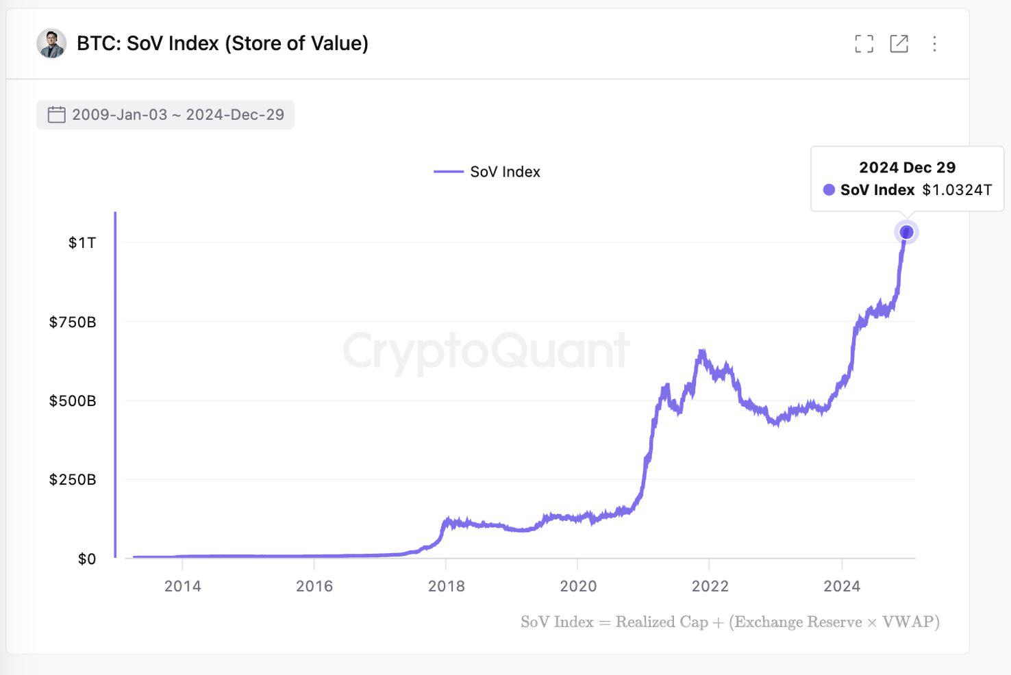 CryptoQuant CEO：比特幣身為SoV，總儲存資本估值達1.03兆美元